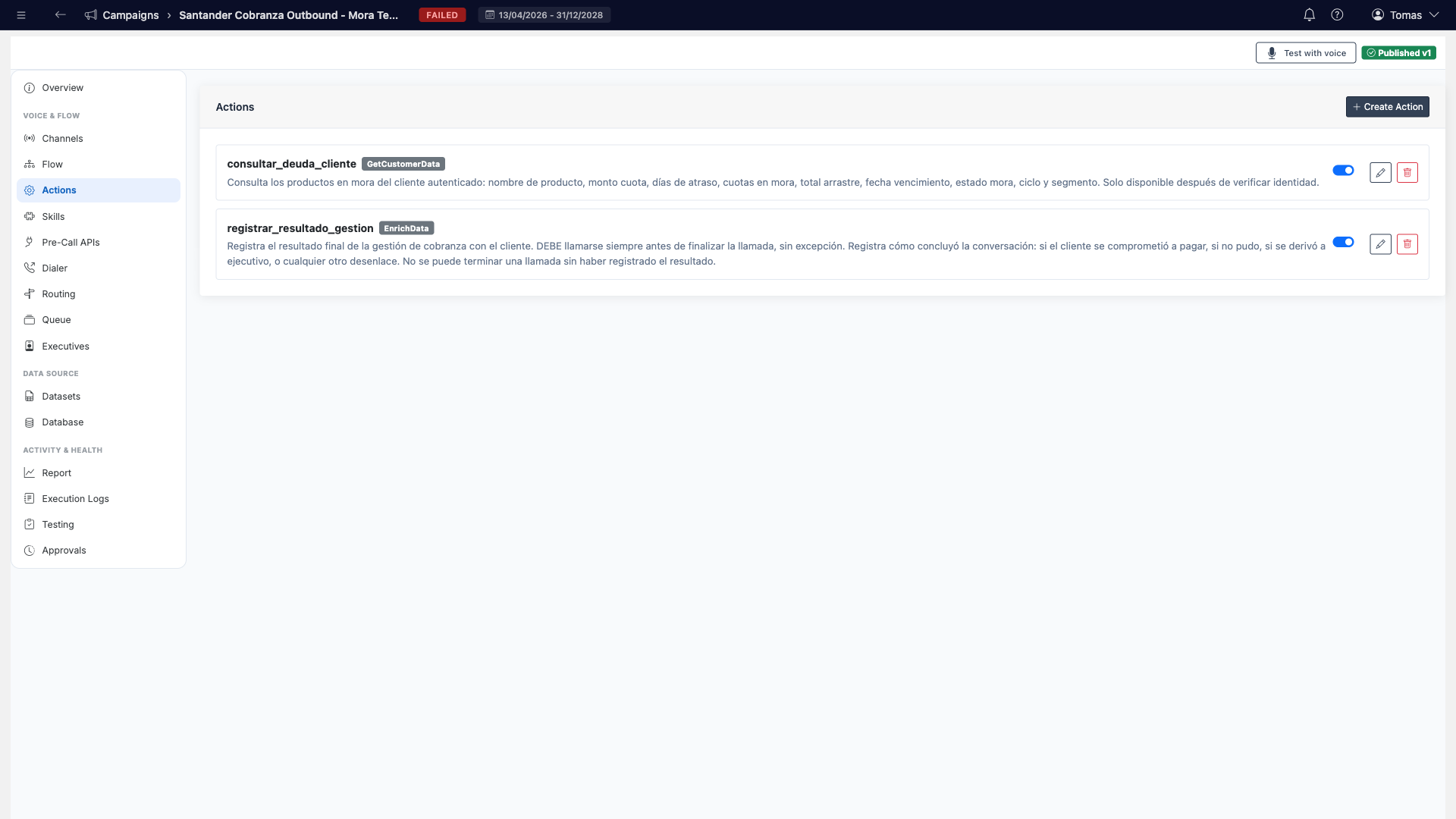 Actions tab listing campaign actions with type badges, active toggles and edit buttons