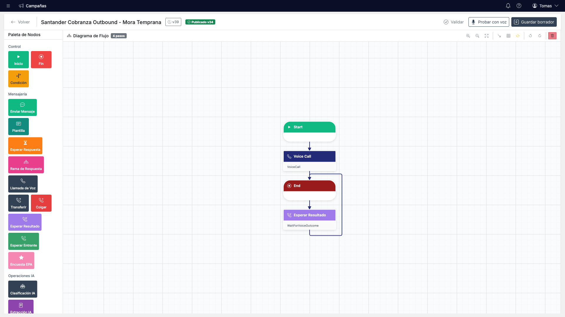 Constructor de flujo con nodos Inicio, Llamada de Voz, Esperar Resultado y Fin