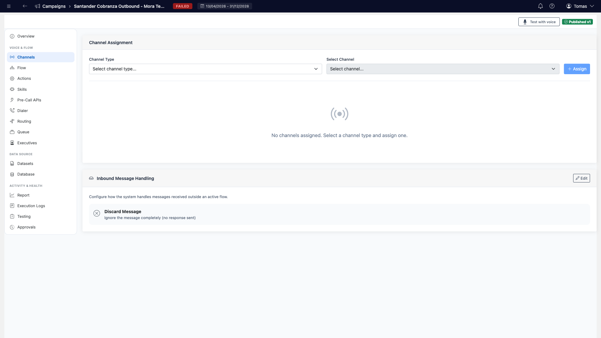 Channel Assignment tab with channel type and channel selectors