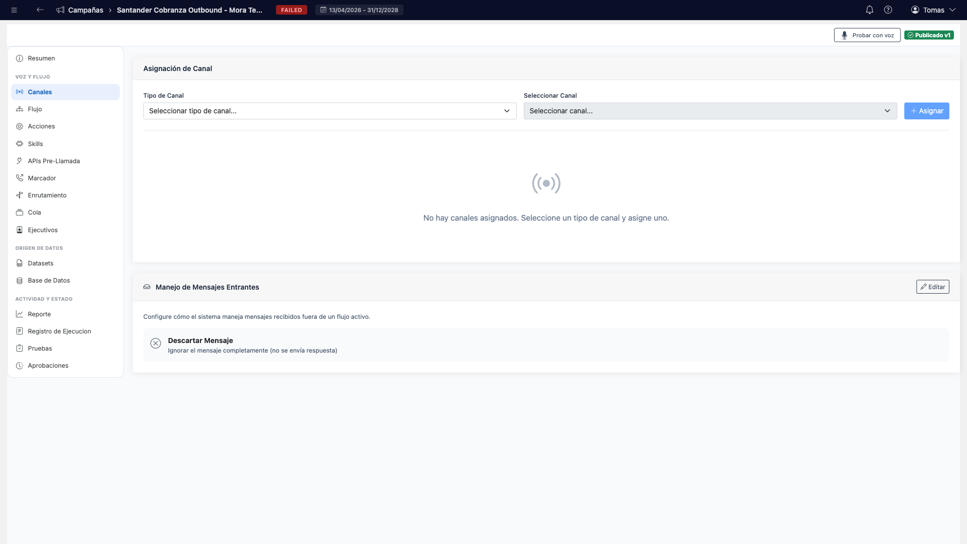 Pestaña Asignación de Canal con selectores de tipo y canal