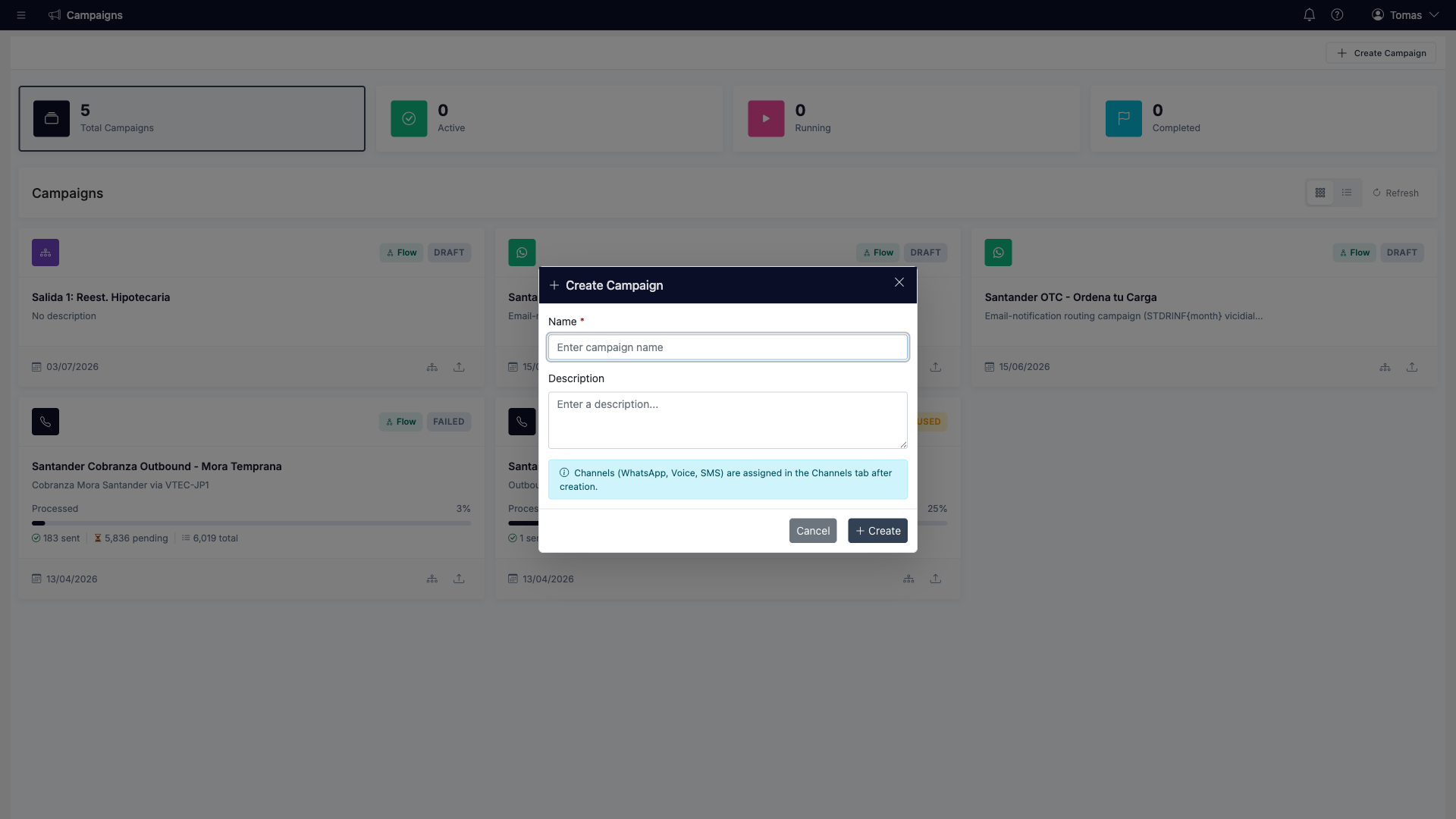 Create Campaign dialog with Name and Description fields