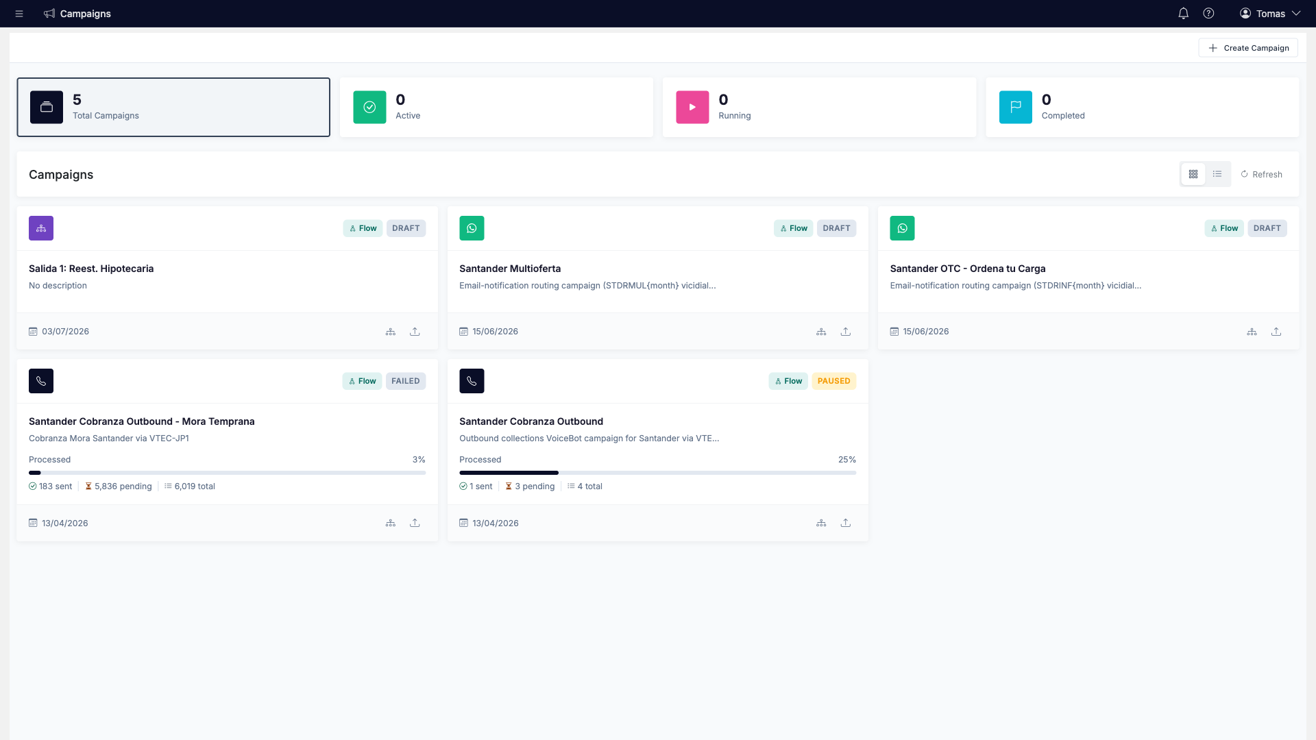 Campaigns hub with campaign cards and Create Campaign button