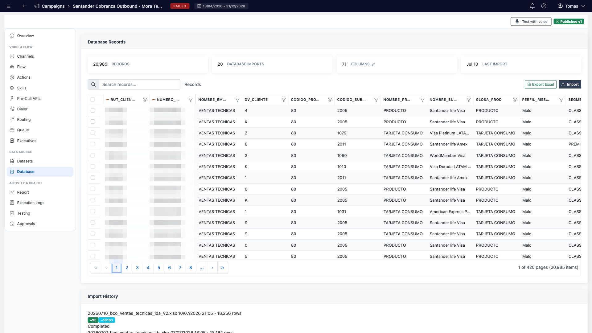 Database tab with record stats, searchable records grid and import history