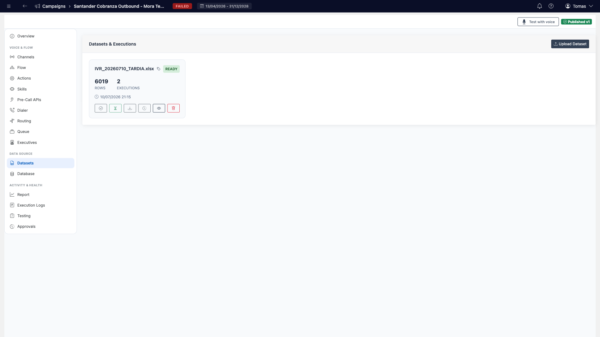 Datasets tab with a Ready dataset card and Upload Dataset button