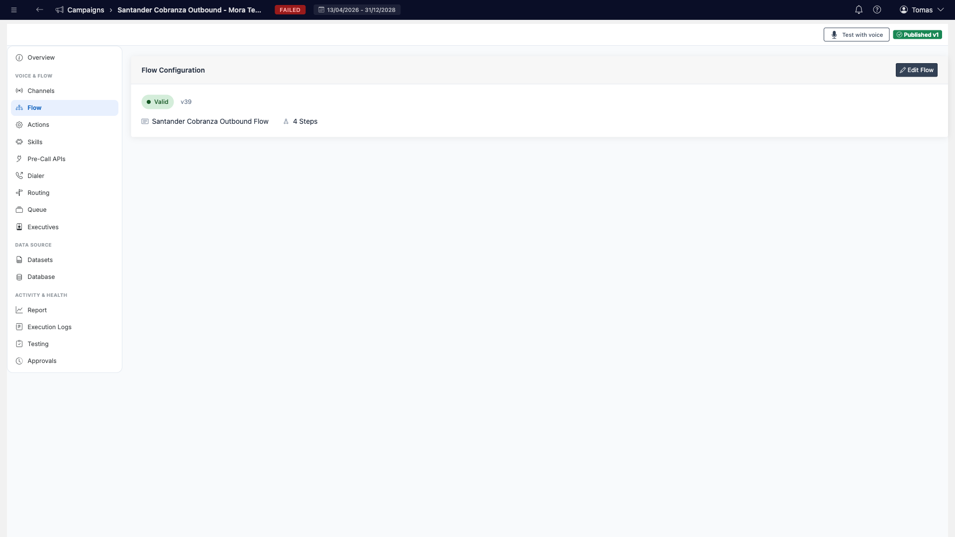 Flow Configuration tab showing a valid flow with version and step count