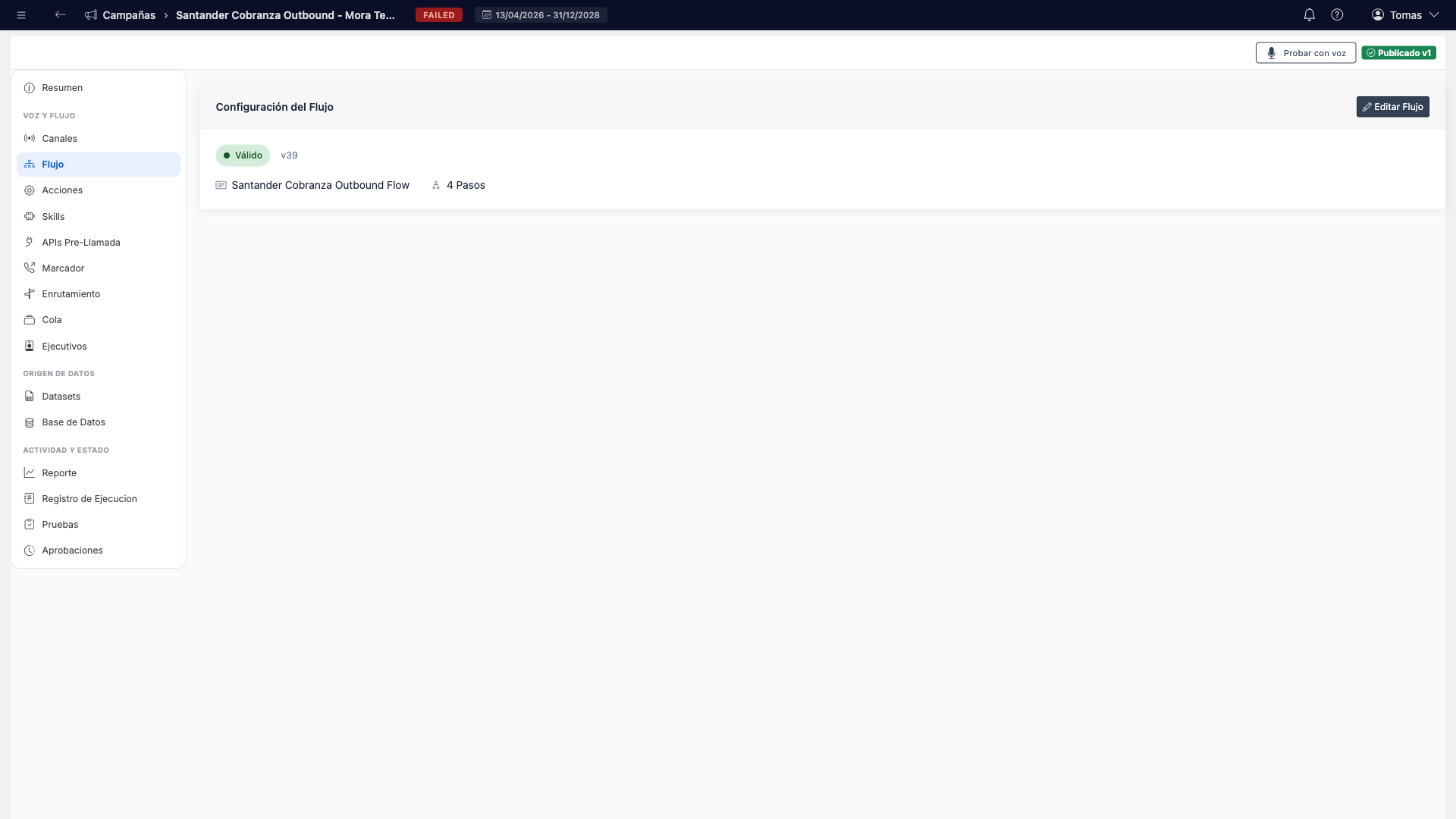 Pestaña Configuración del Flujo mostrando un flujo válido con versión y pasos