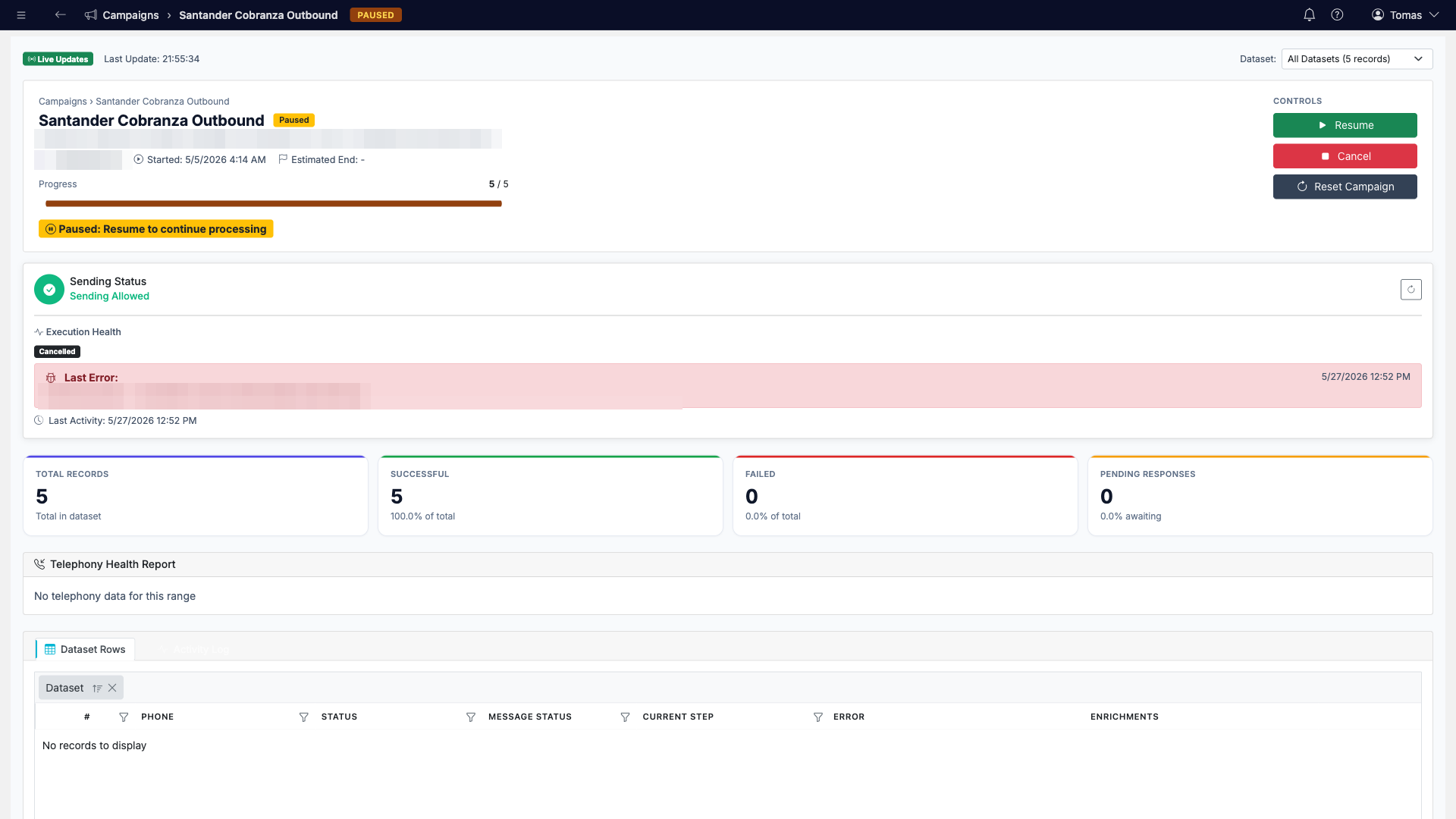 Campaign Monitor with live progress, sending status, KPIs and controls
