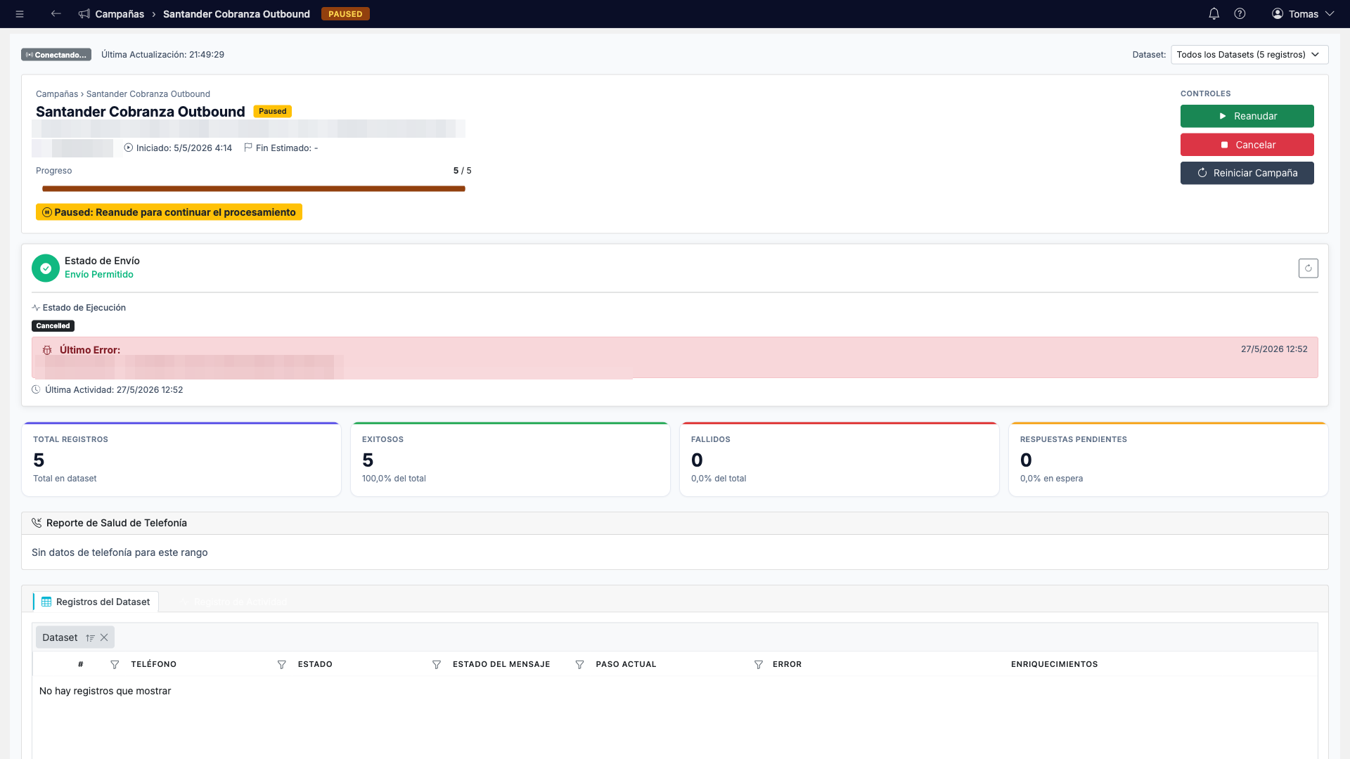 Monitor de campaña con progreso en vivo, estado de envío, KPIs y controles