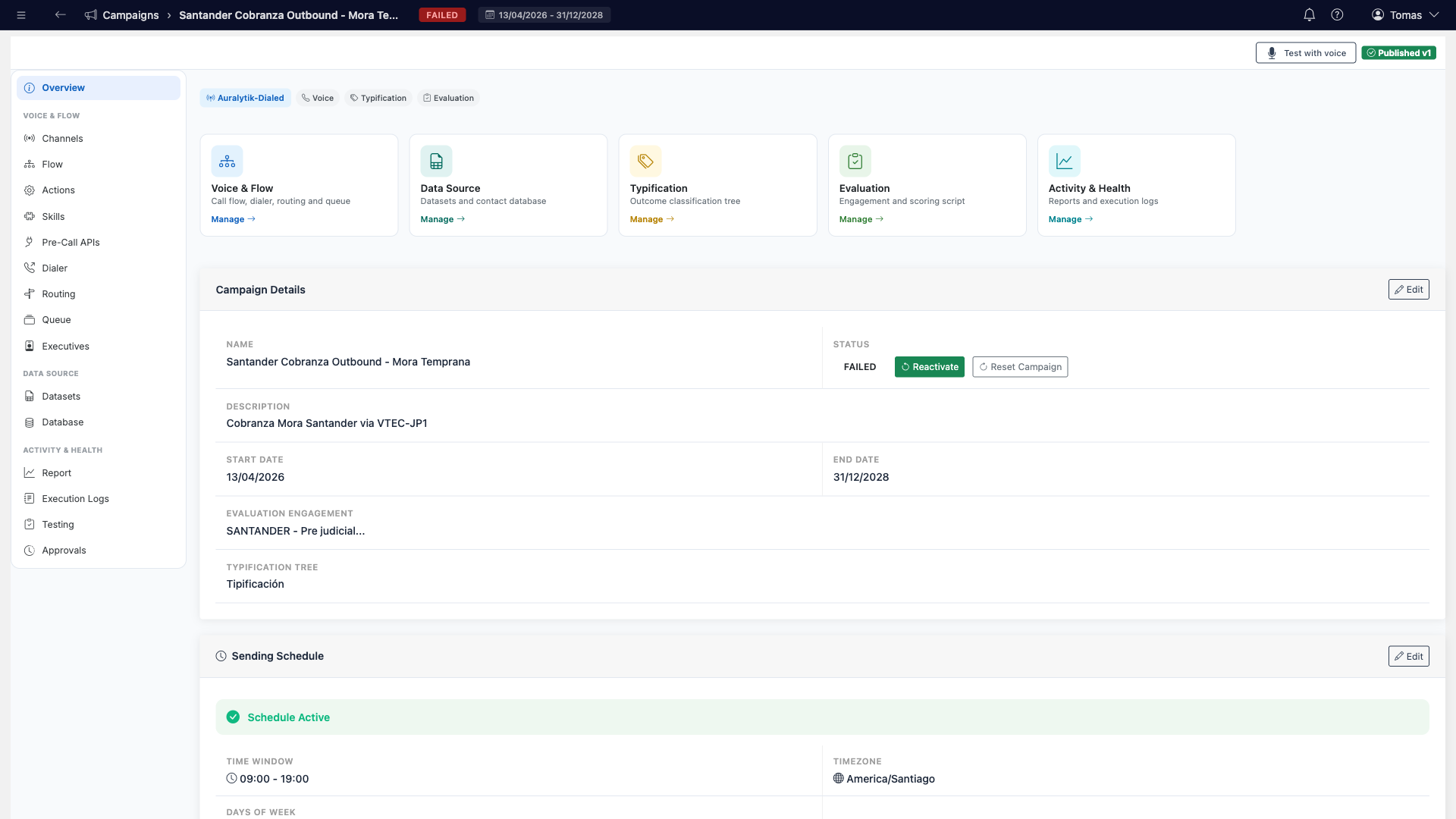 Campaign Overview tab with capabilities, details, status and sending schedule