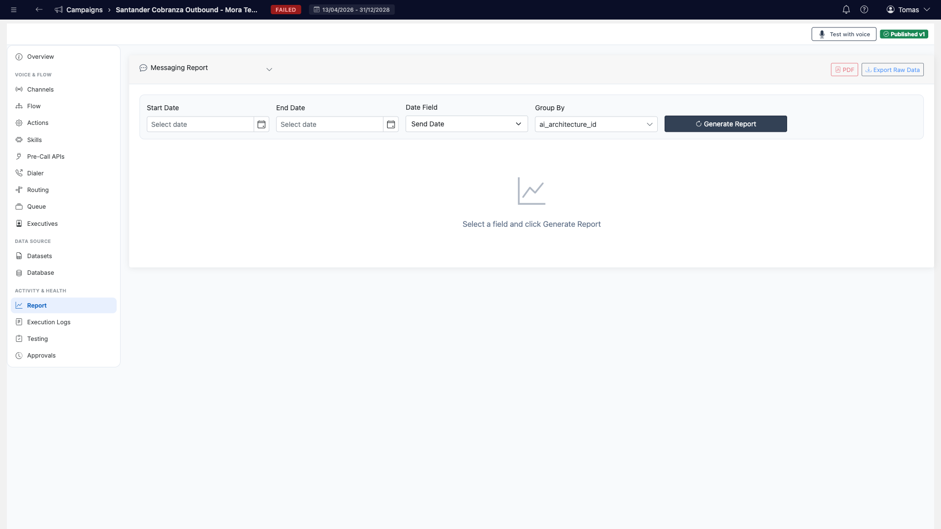 Report tab with date filters and report generation