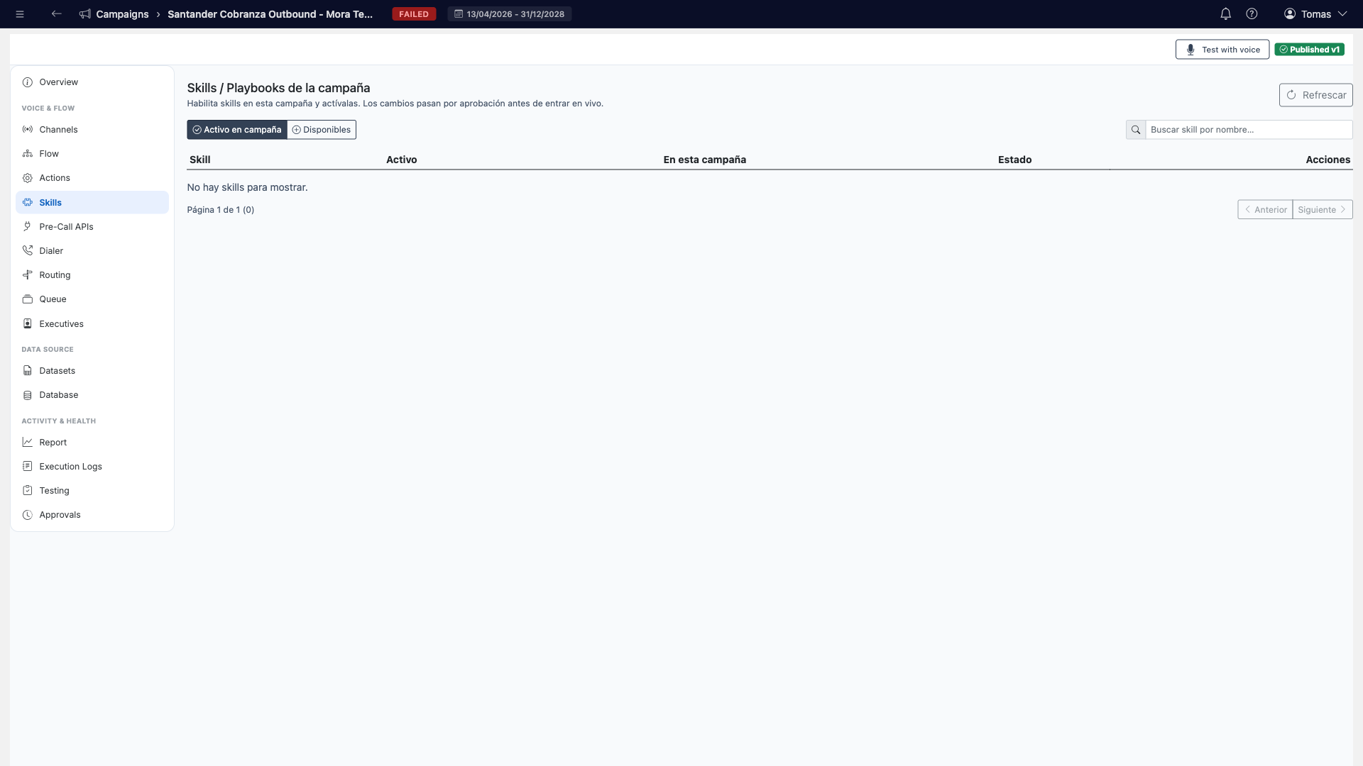 Skills tab with Active in campaign / Available views and approval workflow