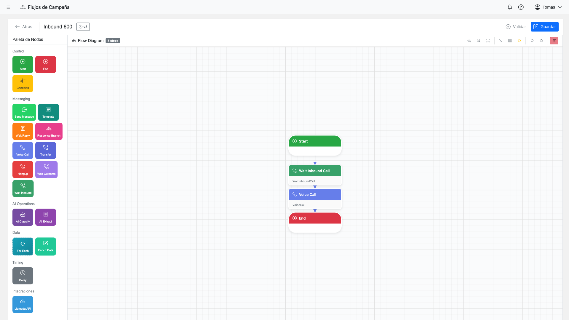 Paleta de pasos en el constructor de flujos