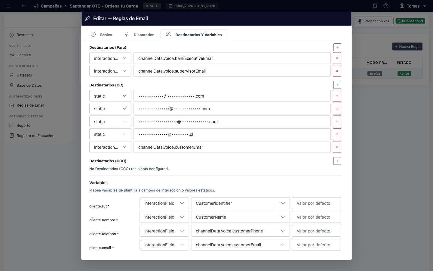 Editor de regla de email: destinatarios y variables (correos enmascarados)